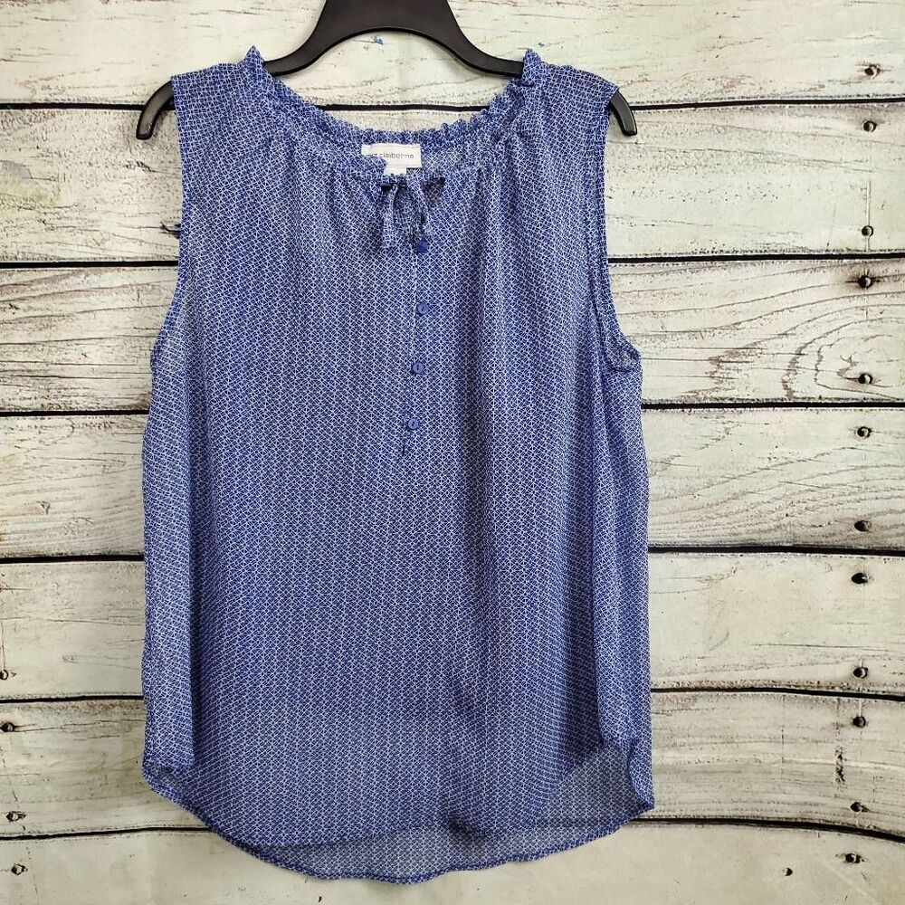 Alfred Dunner Blue Microprint Sleeveless Ruffle Neck Tank
